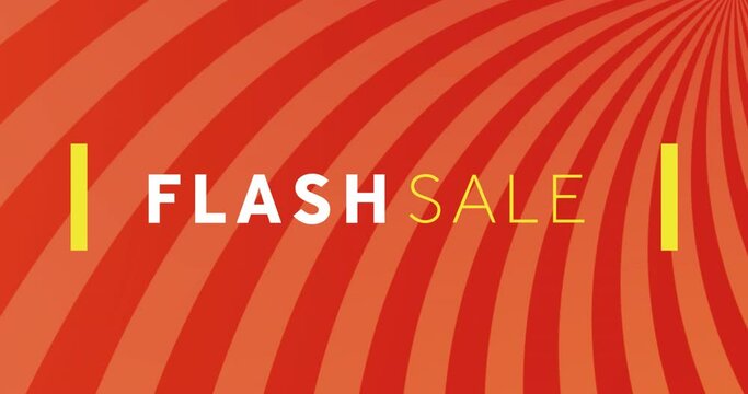 Animation of flash sale text between lines over stripes against red and peach background
