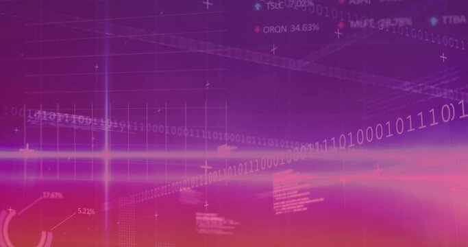 Animation of binary codes, trading board, graphs and computer language over abstract background