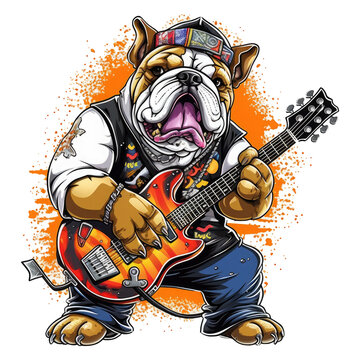 Software Developer English Bulldog t-shirt design, a bulldog wearing a rockstar outfit and playing a guitar, standing on a stage with a band and fans, the atmosphere is loud and rebelli, Generative Ai
