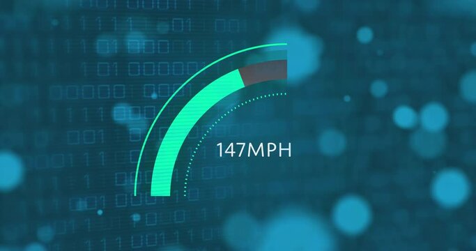 Animation of speedometer with changing numbers over circles against binary codes in background