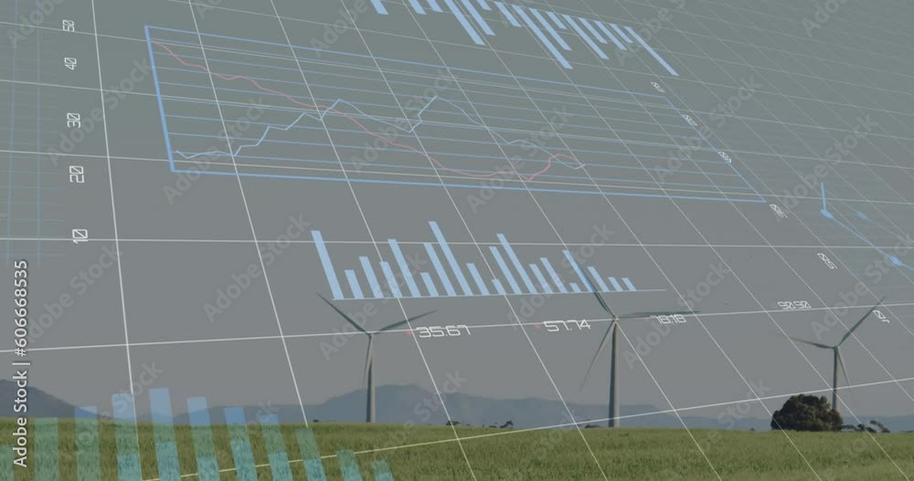 Poster animation of multiple graphs, changing numbers, loading circle over windmill on green field