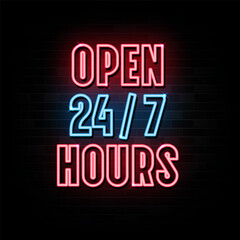Obraz na płótnie Canvas Open 24 Hours Neon Signs Vector Design Template Neon Style