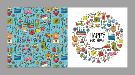 Birthday card design. Greeting card template. Front and back side. Holiday background. Anniversary postcard ideas. Circle frame with place for your text