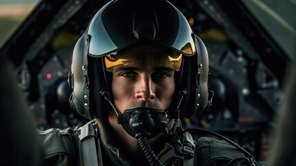 Military pilot in the cockpit of the jet airplane
