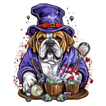 Hairdresser English Bulldog t-shirt design, An English Bulldog wearing a wizard hat and a cloak, holding a wand in its paw and a potion bottle in the other, Generative Ai