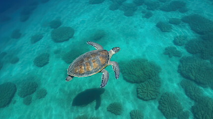 a green sea turtle swimming in the clear blue waters of the great barrier, belize island, central belize stock photo. Generative Ai
