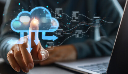 Fototapeta premium Human hand holding cloud technology transfer, Data storage, network, Internet, server services, online, system for sharing download and upload big data information, backup service concept