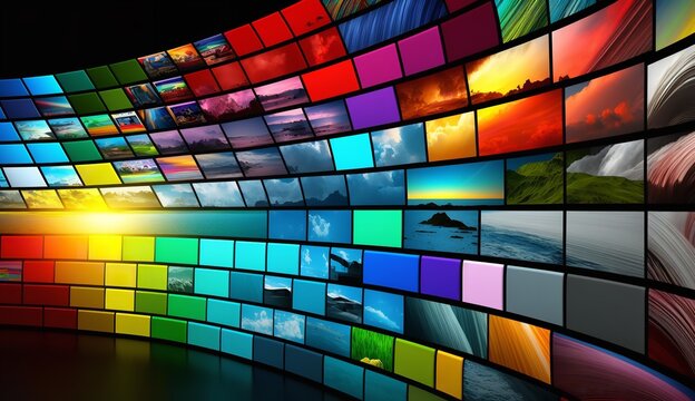 Multimedia video wall with pictures on various TV screens, monitor, program, broadcasting, bright, colorful, multicolored technology, display, media, communication, background. Generative Ai.