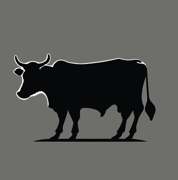 Black silhouette cow isolated on white. Hand drawn vector illustration