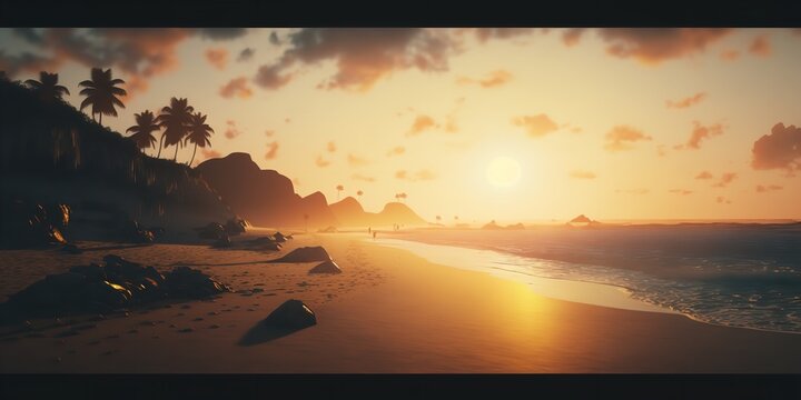 With pristine blue seas, golden sands, and lush palm trees swaying in a light wind, this breathtakingly realistic beach picture in 4K Ultra HD features a sunset over the ocean. Generative Ai.