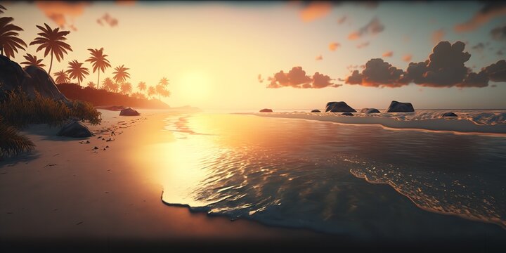 With pristine blue seas, golden sands, and lush palm trees swaying in a light wind, this breathtakingly realistic beach picture in 4K Ultra HD features a sunset over the ocean. Generative Ai.