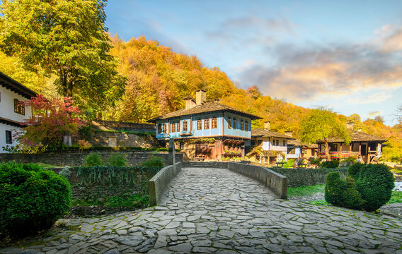 Etar, Bulgaria - 21.10.2022: Old traditional Bulgarian house in Architectural Ethnographic Complex Etar (Etara) near town of Gabrovo. Open Air Museum at summer time. History tourism