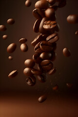 Fototapeta premium Coffee beans falling on a brown background, Generative AI