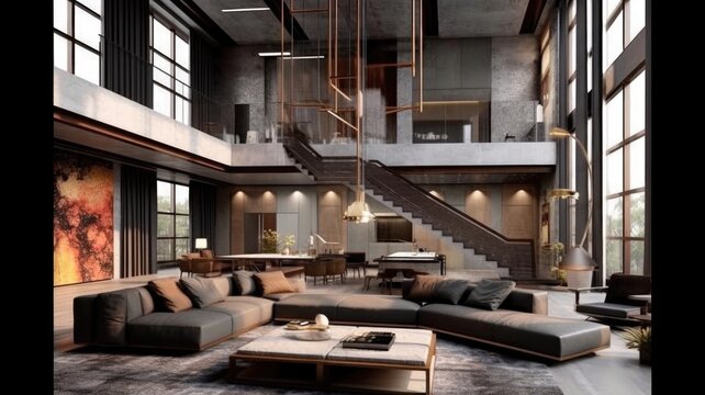 A Two Storeys Modern Loft Living Room With A Small Straight Wooden Staircase. Generative AI AIG27.