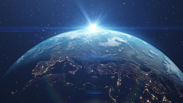 Nightly Earth planet in outer space. City lights and night countries from galaxy. Life of people. Solar system element. Communication technology for internet business worldwide. Global network concept