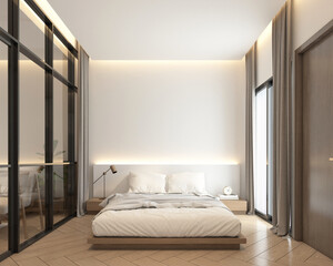 Modern japan style tiny room decorated with white bed and wood floor glass wall and light gray curtains. 3d rendering