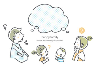 悩んだり考えたりする注目する4人家族　シンプルでお洒落な線画イラスト