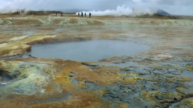 Slow motion footage of hot springs, steaming fumaroles and boiling mud pots in Hverir - Namafjall Geothermal Area in Iceland
