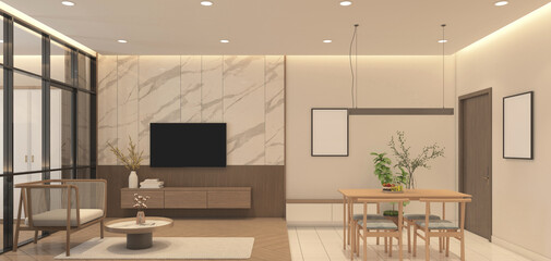 Modern japan style tiny room decorated with tv cabinet and armchair, dining table and hanging lamp, wooden slatted wall and marble wall, raised wooden floor and white tile floor.3d rendering