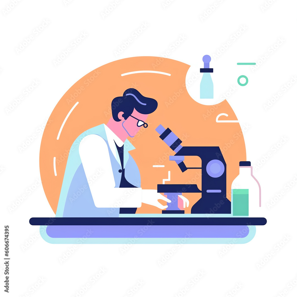 Poster AI generated: Scientist at work, characters conducting experiments in lab. Vector illustration in flat style