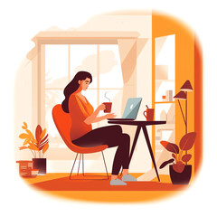 AI generated: Home office concept, woman working from home, student or freelancer. Cute vector illustration in flat style