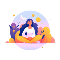 AI generated: Happy woman sits in lotus pose and open her arms to the rainbow. Smiled girl creates good vibe around her. Smiling female character enjoys her freedom and life. Body positive