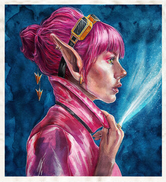 Beautiful stylish cyberpunk elf fairy portrait. Steampunk and fantasy watercolor drawing.
