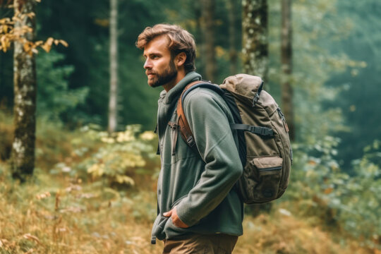 Male hiker with the backpack, standing in the wilderness scenery