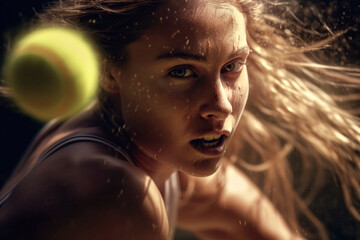 Action shot of a young tennis player staring at the yellow tennis ball flying towards her, made with generative ai