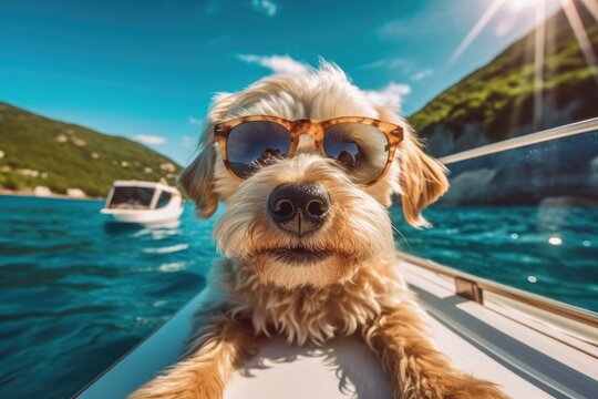 Yacht Life: A Dog on a Boat Wearing Sunglasses in the Sunlight. Generative AI.