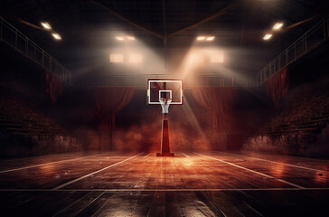 a basketball court lit up with spotlights and backboard, in the style of photobashing, light crimson, poster - obrazy, fototapety, plakaty