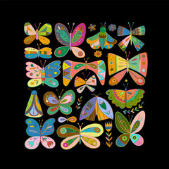 Ornate colorful butterflies, square background. Art Collection for your design
