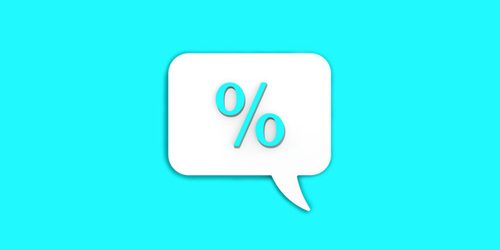 Light blue percent sign on white message board. Interest withdrawal signal. Discount notifications. Message on a blue background. Banner for insertion into site. 3D image. 3D rendering.
