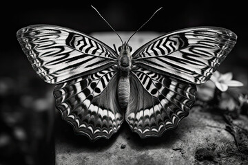 a black and white butterfly sitting on top of a rock in the dark, with its wings spread wide open. Generative Ai