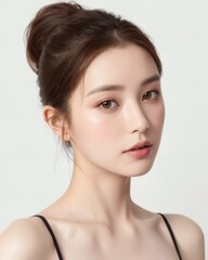 Portrait of beautiful Japanese women with ponytail wearing ballet dress with simple studio background by generative AI - obrazy, fototapety, plakaty