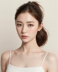 Portrait of beautiful Japanese women with ponytail wearing ballet dress with simple studio background by generative AI - obrazy, fototapety, plakaty