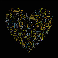 Light bulbs collection. Modern and retro set. Heart shape for your design