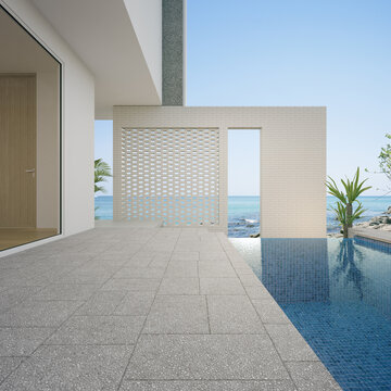 Empty terrace floor near living room and white wall in modern beach house or luxury pool villa. Concrete tile deck 3d rendering with sea view.