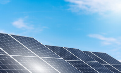 Clean and renewable solar energy, Solar panels on background of blue sky.
