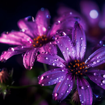 Flower with Dew Drops. Close up of Purple Flower. Petals Perfection Nature Image. Floral Garden After Rain. Generative AI. 