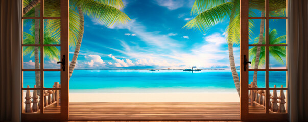 beach paradise white sand and turquoise sea with palm trees, generative ai