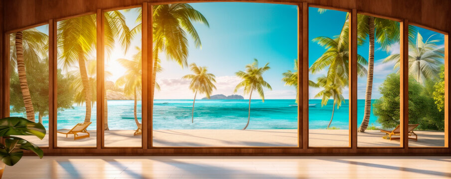 Beach paradise white sand and turquoise sea with palm trees seen from large window of luxury resort, generative ai