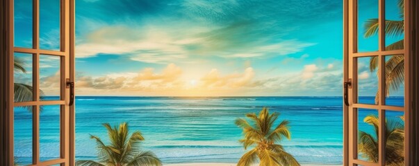 Beach paradise white sand and turquoise sea with palm trees seen from large window of luxury resort, generative ai