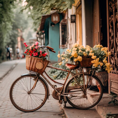Fototapeta na wymiar bicycle with basket of flowers on the street in spring, generative ai