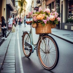 Fototapeta na wymiar bicycle with flower basket on the street, generative ai