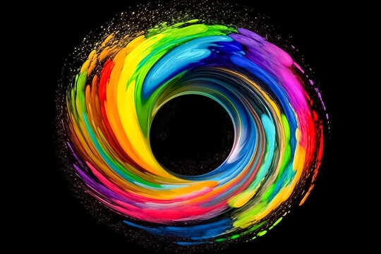 Visual spectacle of watercolor and poster plastic color intertwining in a vibrant ring shaped display, reminiscent of a captivating rainbow on black background.  generative AI.
