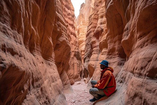 a man sitting in the middle of a narrow slot canyon, with red rock walls behind him and his back to the camera. Generative Ai
