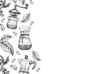 Coffee illustration.Hand drawn vector banner.Coffee beans, leaves, branch, coffee grinder, coffee maker geyser. Alternative brewing method.