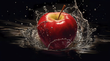 Juicy, fresh apples in clear water splashes, front view.