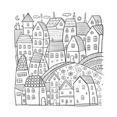 Childish town street landscape with houses on road. Cute city in scandinavian style. Cartoon village buildings vector background. Illustration of town childish street with buildings